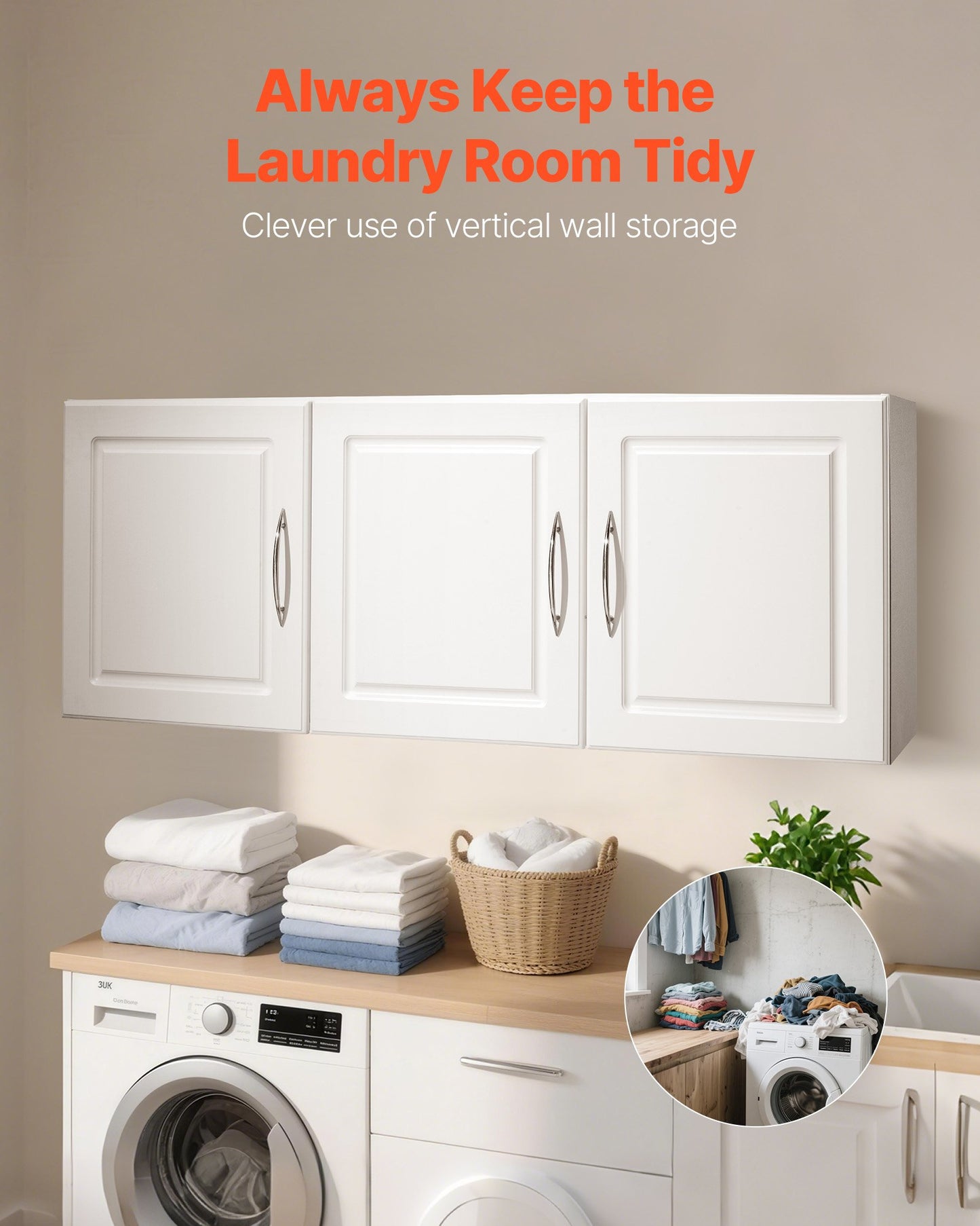 Laundry Room Wall Cabinet, 2-Tier Wall Mounted Hanging Cabinet with Adjustable Shelf, Cupboard Storage with 3 Doors, for Kitchen, Bathroom, Laundry, 12.44 x 54 x 20.31 in (D x W x H), White