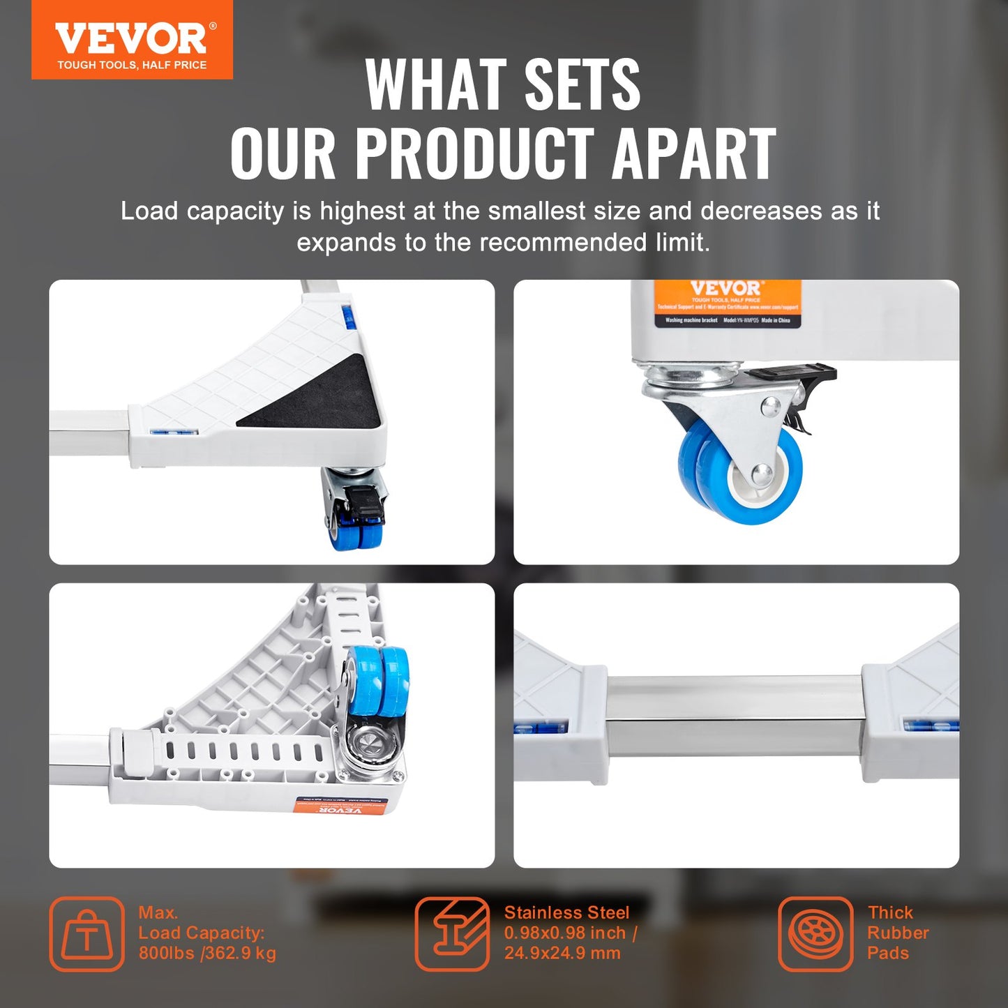 Mini Kylskåpsställ Universal Tvättställ, justerbart Kylskåpsställ med släta hjul, Tvättmaskinssockel Multifunktionell bas för tvättmaskin och torktumlare, 381-615 mm bred utbyggbar