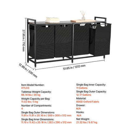 4-section laundry sorter with pull-out bags, metal frame and wooden table top | EU