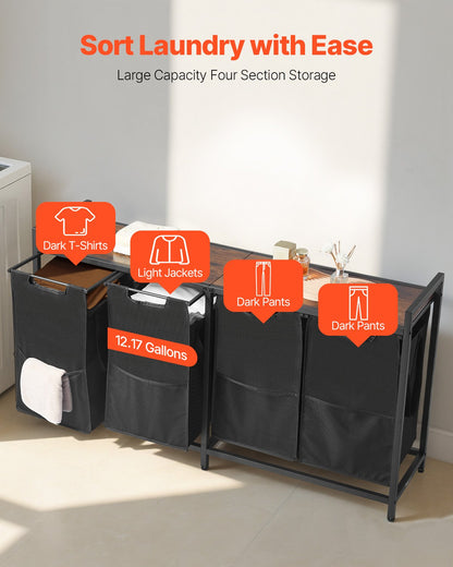 4 Section Laundry Sorter, Large Laundry Hamper with Metal Frame and Wooden Tabletop, Freestanding Storage Organizer Baskets with Pull-Out 600D Oxford Cloth Bags for Dirty Clothes, Bathroom