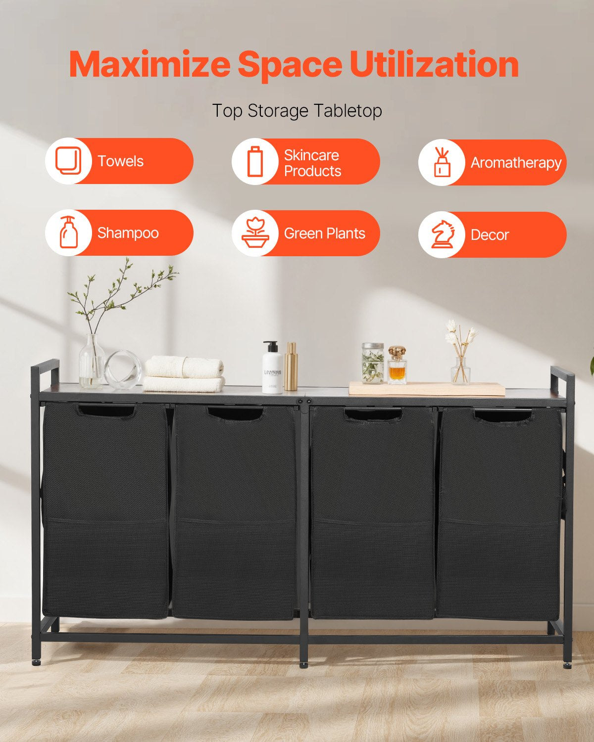 4 Section Laundry Sorter, Large Laundry Hamper with Metal Frame and Wooden Tabletop, Freestanding Storage Organizer Baskets with Pull-Out 600D Oxford Cloth Bags for Dirty Clothes, Bathroom