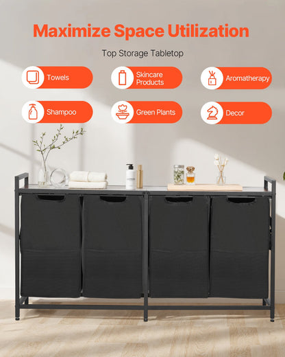 4 Section Laundry Sorter, Large Laundry Hamper with Metal Frame and Wooden Tabletop, Freestanding Storage Organizer Baskets with Pull-Out 600D Oxford Cloth Bags for Dirty Clothes, Bathroom