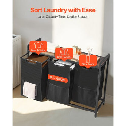 3-section laundry sorter with pull-out bags, metal frame and wooden table top | EU