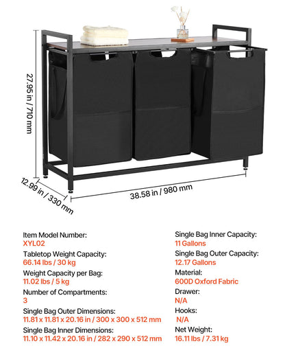 3 Section Laundry Sorter, Large Laundry Hamper with Metal Frame and Wooden Tabletop, Freestanding Storage Organizer Baskets with Pull-Out 600D Oxford Cloth Bags for Dirty Clothes, Bathroom