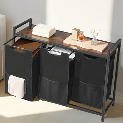 3 Section Laundry Sorter, Large Laundry Hamper with Metal Frame and Wooden Tabletop, Freestanding Storage Organizer Baskets with Pull-Out 600D Oxford Cloth Bags for Dirty Clothes, Bathroom