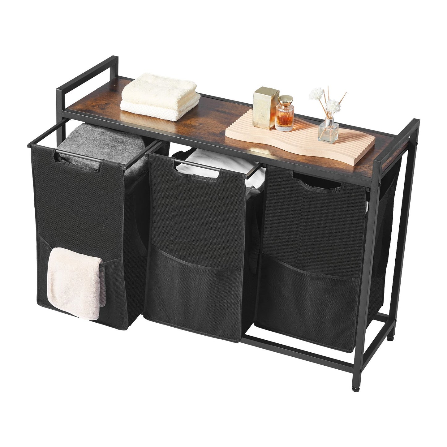 3 Section Laundry Sorter, Large Laundry Hamper with Metal Frame and Wooden Tabletop, Freestanding Storage Organizer Baskets with Pull-Out 600D Oxford Cloth Bags for Dirty Clothes, Bathroom