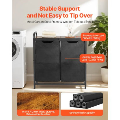 2-teiliger Wäschesortierer mit ausziehbaren Beuteln, Metallrahmen und Holztischplatte | EU