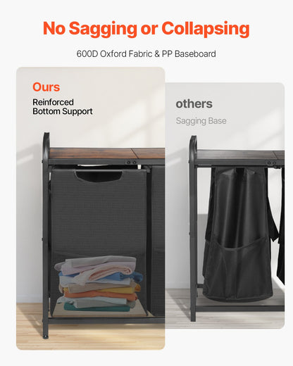 2 Section Laundry Sorter, Large Laundry Hamper with Metal Frame and Wooden Tabletop, Freestanding Storage Organizer Baskets with Pull-Out 600D Oxford Cloth Bags for Dirty Clothes, Bathroom