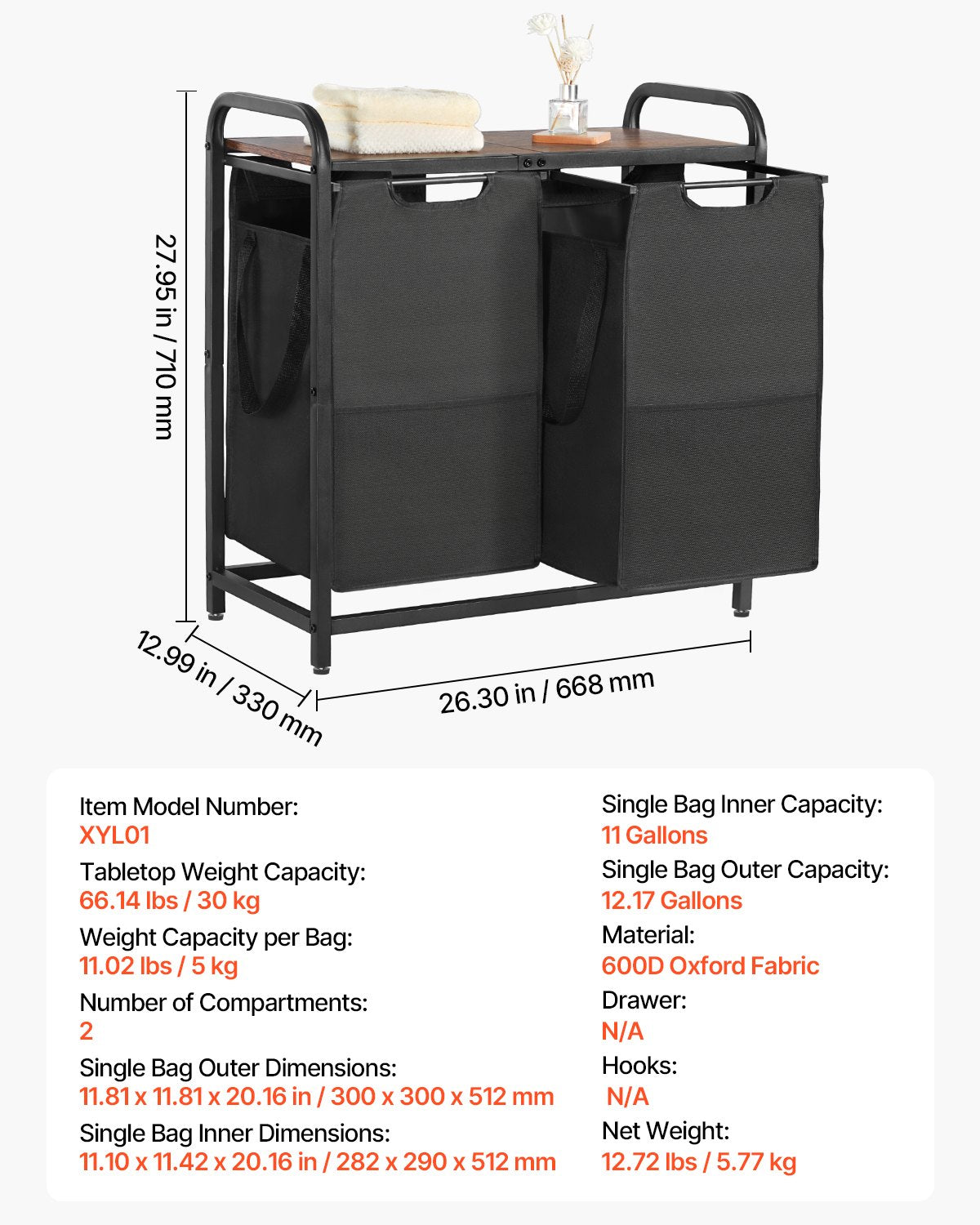 2 Section Laundry Sorter, Large Laundry Hamper with Metal Frame and Wooden Tabletop, Freestanding Storage Organizer Baskets with Pull-Out 600D Oxford Cloth Bags for Dirty Clothes, Bathroom