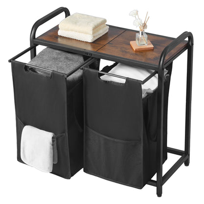 2 Section Laundry Sorter, Large Laundry Hamper with Metal Frame and Wooden Tabletop, Freestanding Storage Organizer Baskets with Pull-Out 600D Oxford Cloth Bags for Dirty Clothes, Bathroom
