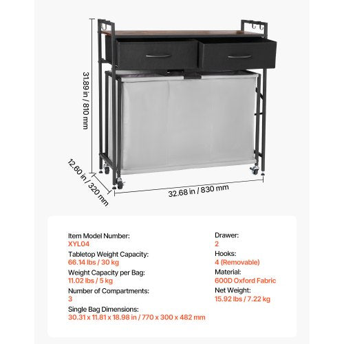 3-teiliger Wäschekorb mit Rollschubladen, Haken und Rädern | EU