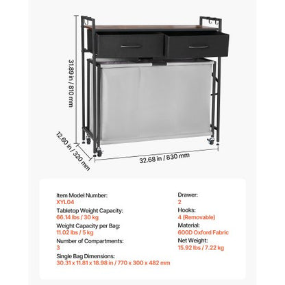 3-teiliger Wäschekorb mit Rollschubladen, Haken und Rädern | EU