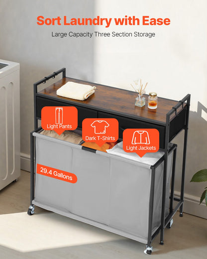 3 Section Laundry Sorter, Rolling Laundry Hamper with 2 Drawers, Hooks & Wheels, Rolling Basket Organizer Storage with Pull-Out Rolling Bags and Wooden Tabletop for Dirty Clothes, Bathroom
