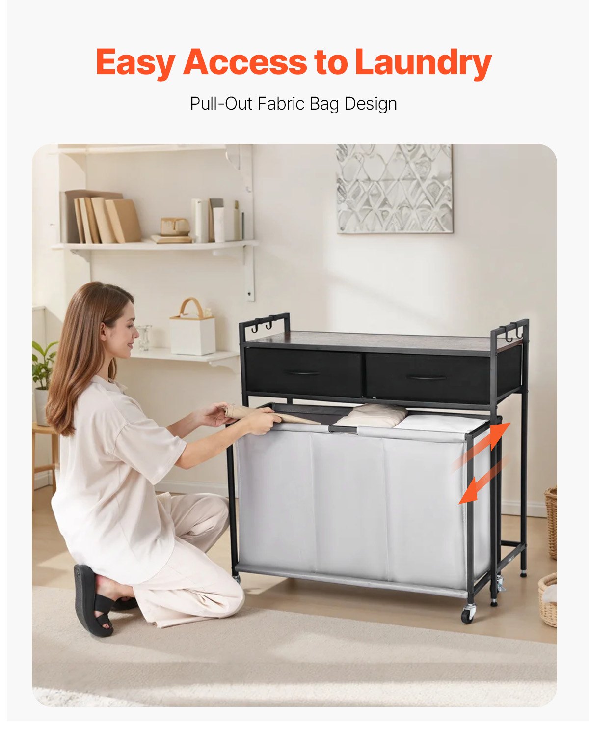 3 Section Laundry Sorter, Rolling Laundry Hamper with 2 Drawers, Hooks & Wheels, Rolling Basket Organizer Storage with Pull-Out Rolling Bags and Wooden Tabletop for Dirty Clothes, Bathroom