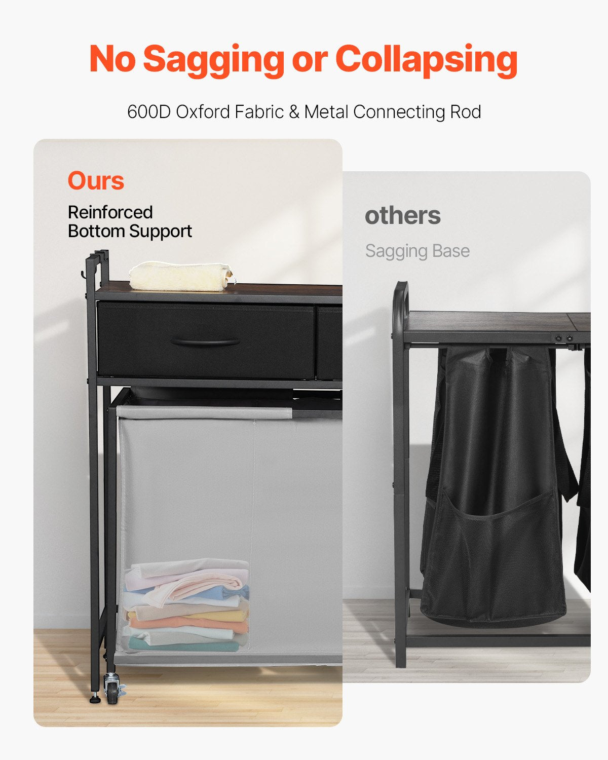 3 Section Laundry Sorter, Rolling Laundry Hamper with 2 Drawers, Hooks & Wheels, Rolling Basket Organizer Storage with Pull-Out Rolling Bags and Wooden Tabletop for Dirty Clothes, Bathroom