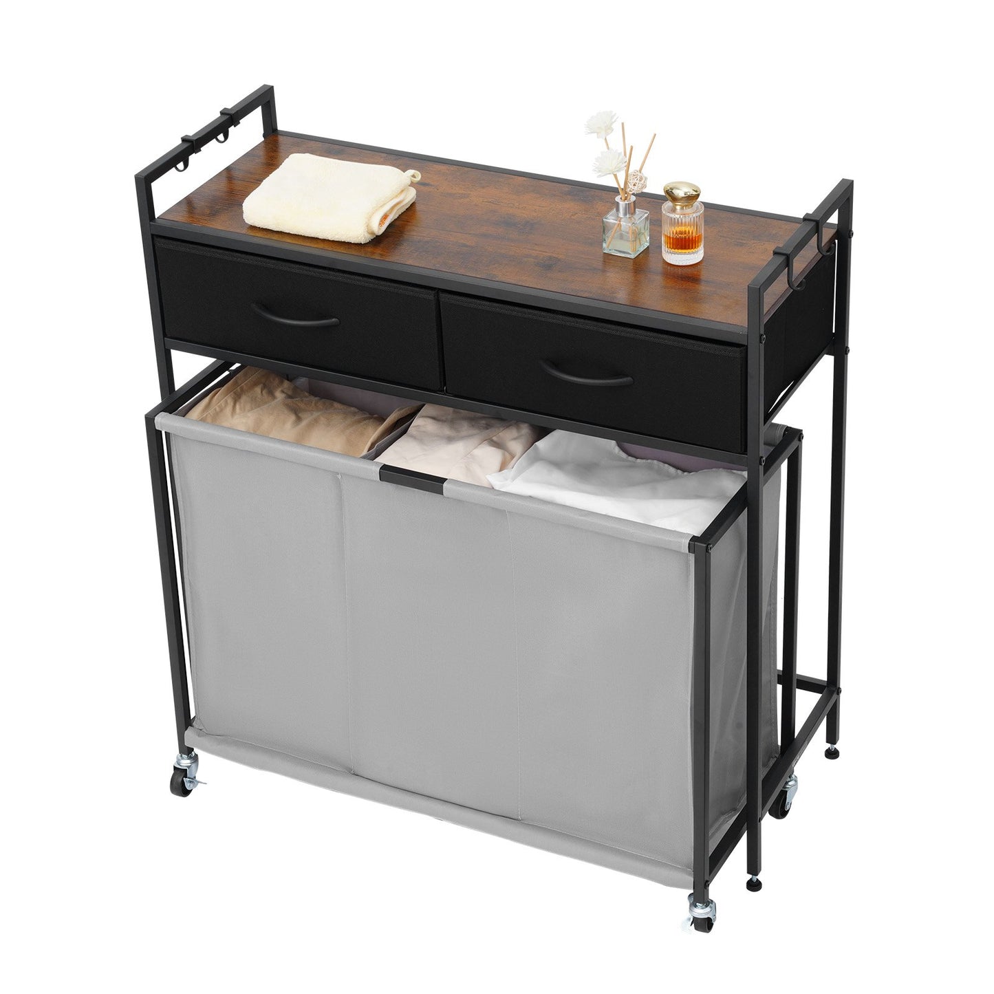 3 Section Laundry Sorter, Rolling Laundry Hamper with 2 Drawers, Hooks & Wheels, Rolling Basket Organizer Storage with Pull-Out Rolling Bags and Wooden Tabletop for Dirty Clothes, Bathroom