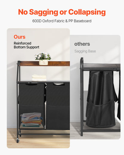 2 Tiers Laundry Sorter, Tall Laundry Hamper with Metal Frame and Wooden Tabletop, 3 Section Rolling Basket Organizer Storage with Ladder Shelves and 600D Oxford Cloth Bags for Dirty Clothes
