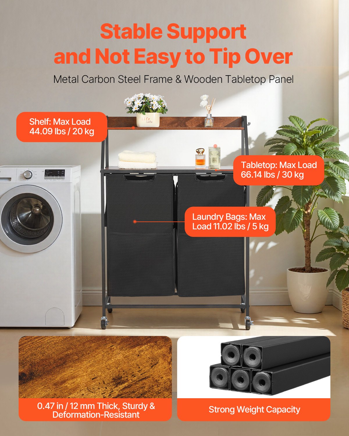 2 Tiers Laundry Sorter, Tall Laundry Hamper with Metal Frame and Wooden Tabletop, 2 Section Rolling Basket Organizer Storage with Ladder Shelves and 600D Oxford Cloth Bags for Dirty Clothes