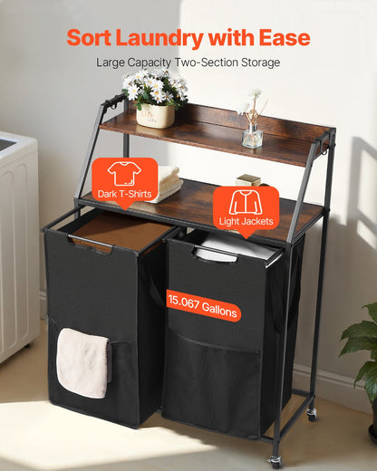 2 Tiers Laundry Sorter, Tall Laundry Hamper with Metal Frame and Wooden Tabletop, 2 Section Rolling Basket Organizer Storage with Ladder Shelves and 600D Oxford Cloth Bags for Dirty Clothes