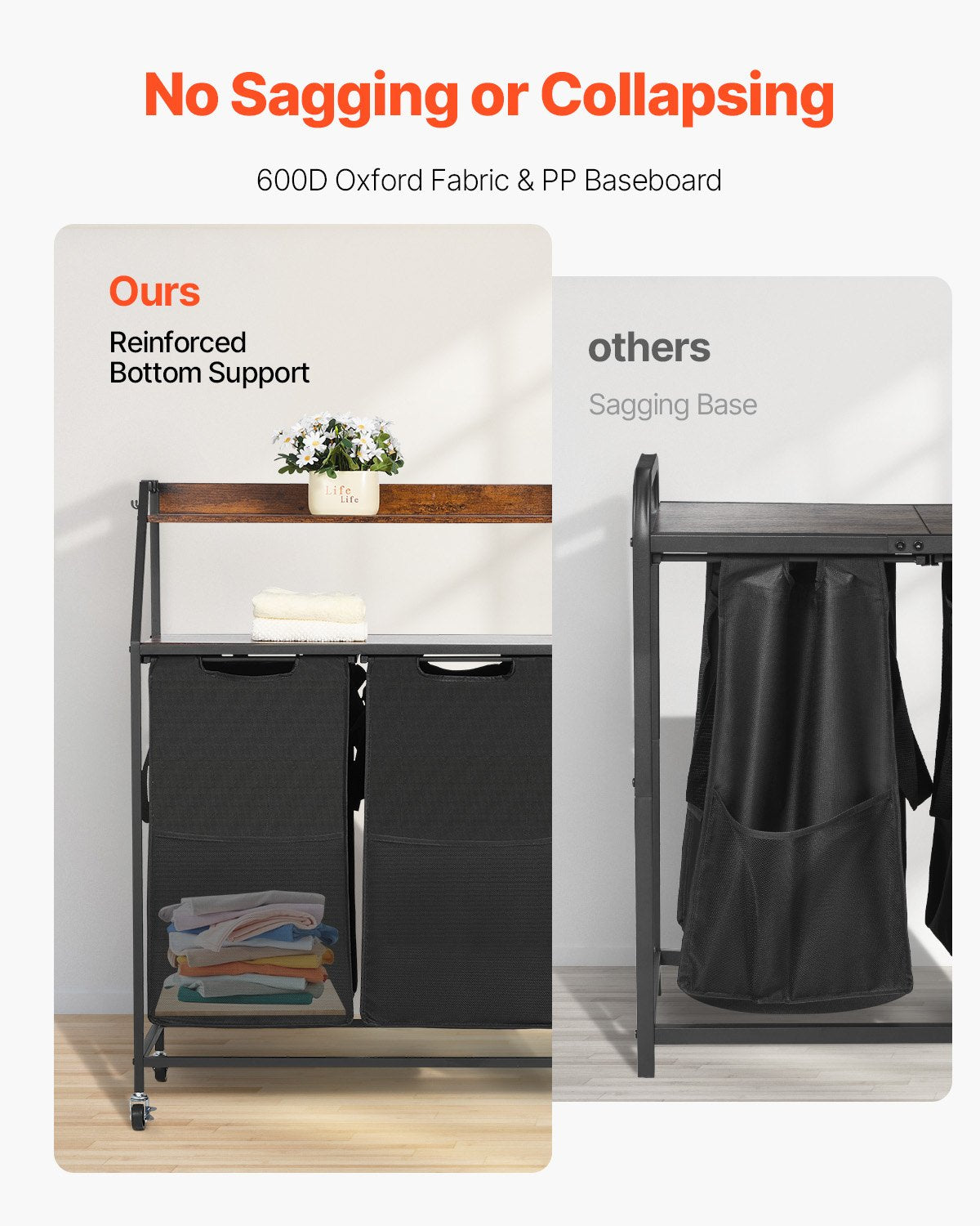 2 Tiers Laundry Sorter, Tall Laundry Hamper with Metal Frame and Wooden Tabletop, 2 Section Rolling Basket Organizer Storage with Ladder Shelves and 600D Oxford Cloth Bags for Dirty Clothes