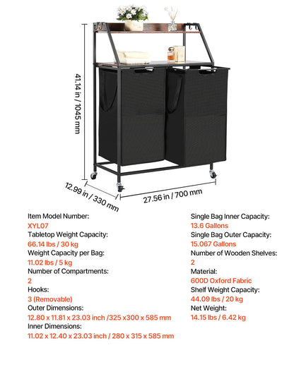2 Tiers Laundry Sorter, Tall Laundry Hamper with Metal Frame and Wooden Tabletop, 2 Section Rolling Basket Organizer Storage with Ladder Shelves and 600D Oxford Cloth Bags for Dirty Clothes