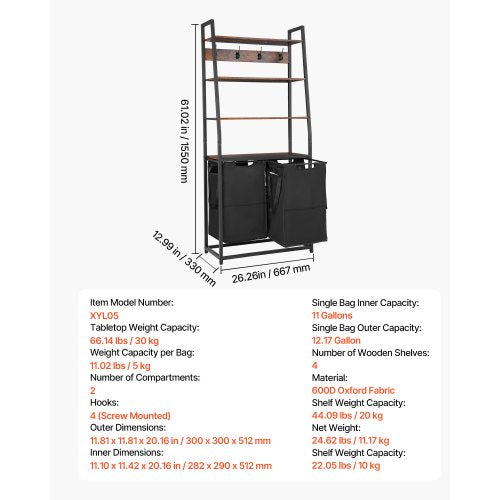 4-stöckiger Wäschekorb mit Ablagen und Haken, 2 Fächer | EU