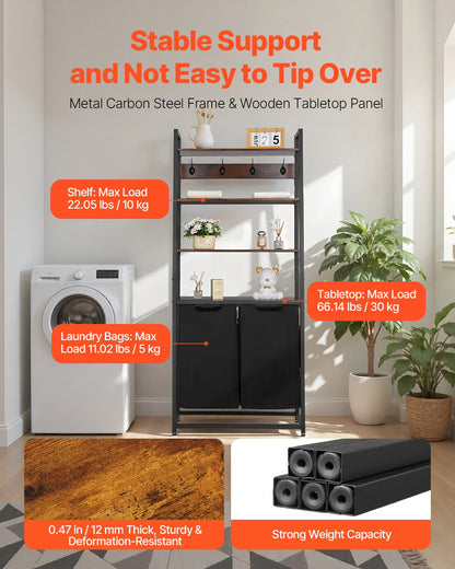 4 Tiers Laundry Sorter, Tall Laundry Hamper with Shelves and Hooks, 2 Section Freestanding Basket Organizer Storage with 600D Oxford Cloth Bags and Ladder Shelves for Dirty Clothes, Bathroom