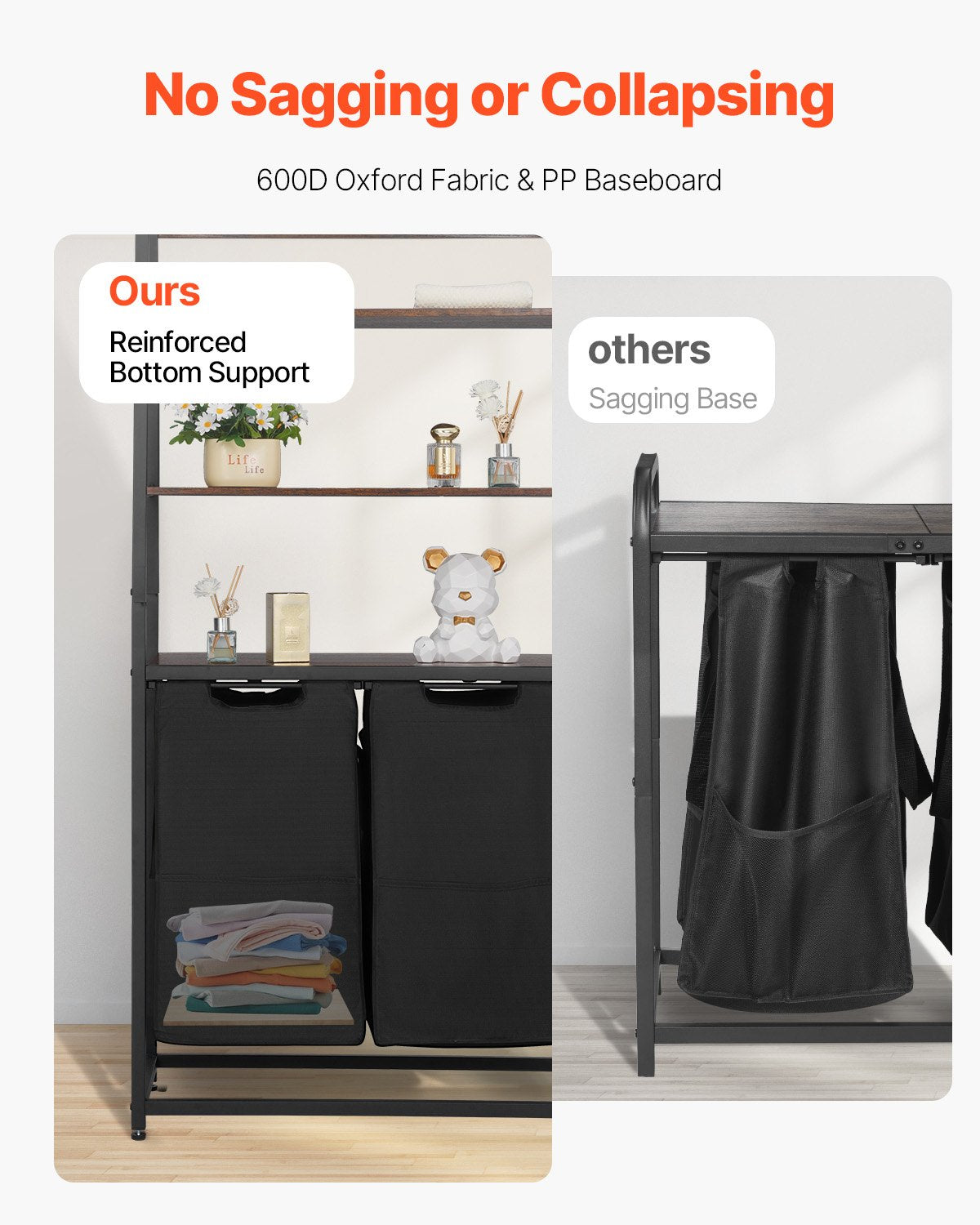 4 Tiers Laundry Sorter, Tall Laundry Hamper with Shelves and Hooks, 2 Section Freestanding Basket Organizer Storage with 600D Oxford Cloth Bags and Ladder Shelves for Dirty Clothes, Bathroom