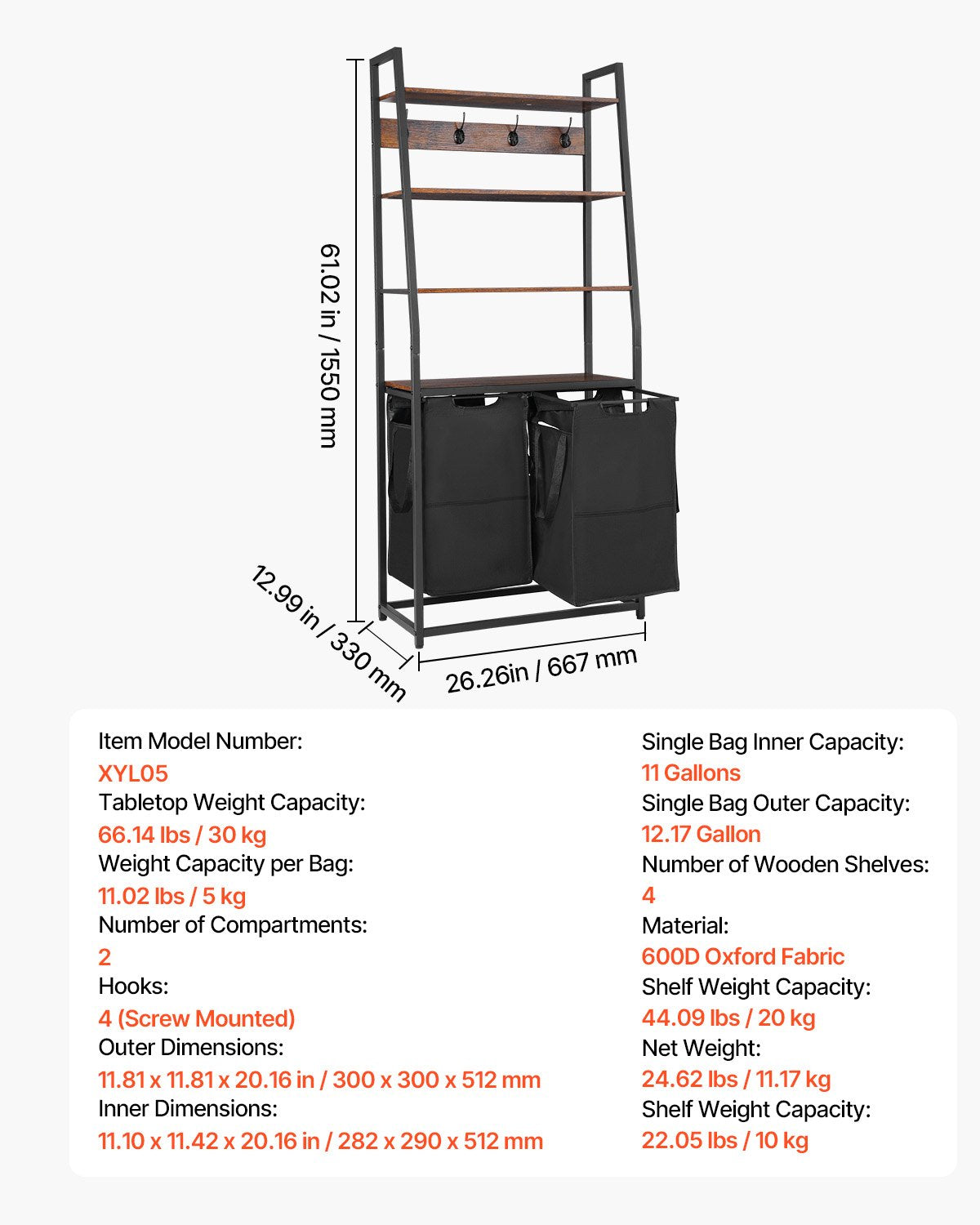 4 Tiers Laundry Sorter, Tall Laundry Hamper with Shelves and Hooks, 2 Section Freestanding Basket Organizer Storage with 600D Oxford Cloth Bags and Ladder Shelves for Dirty Clothes, Bathroom