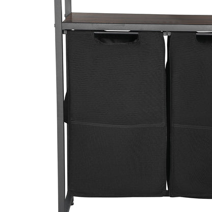 4 Tiers Laundry Sorter, Tall Laundry Hamper with Shelves and Hooks, 2 Section Freestanding Basket Organizer Storage with 600D Oxford Cloth Bags and Ladder Shelves for Dirty Clothes, Bathroom