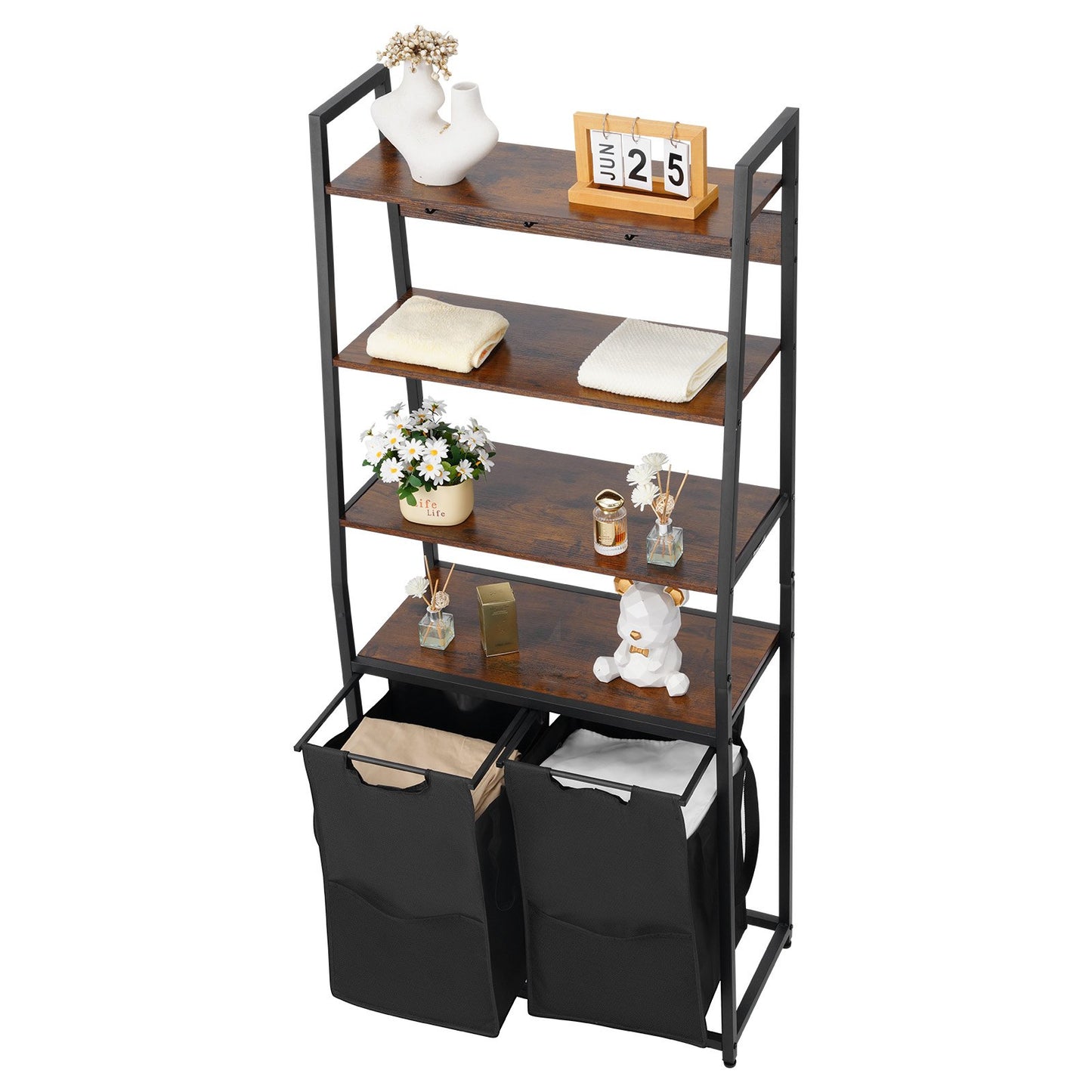 4 Tiers Laundry Sorter, Tall Laundry Hamper with Shelves and Hooks, 2 Section Freestanding Basket Organizer Storage with 600D Oxford Cloth Bags and Ladder Shelves for Dirty Clothes, Bathroom