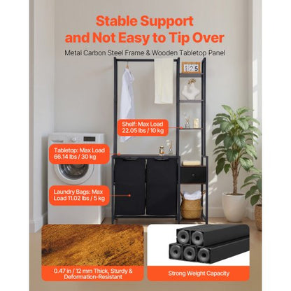 3-stöckiger Wäschekorb mit Ablage, hoher Wäschekorb mit Ablagen, 2 Fächer | EU