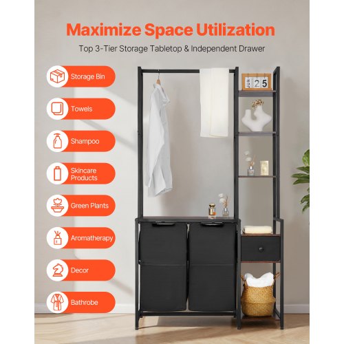 3-stöckiger Wäschekorb mit Ablage, hoher Wäschekorb mit Ablagen, 2 Fächer | EU