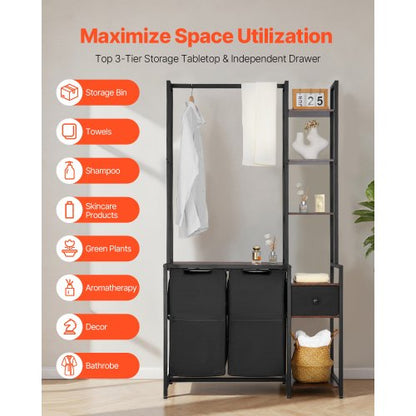 3-stöckiger Wäschekorb mit Ablage, hoher Wäschekorb mit Ablagen, 2 Fächer | EU