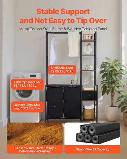 3 Tiers Laundry Sorter with Rack, Tall Laundry Hamper with Shelves and Drawers, 2 Section Freestanding Hanging Rack Storage with 600D Oxford Cloth Bags and Ladder Shelves for Dirty Clothes