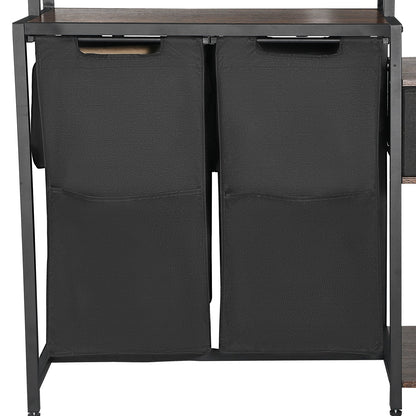 3 Tiers Laundry Sorter with Rack, Tall Laundry Hamper with Shelves and Drawers, 2 Section Freestanding Hanging Rack Storage with 600D Oxford Cloth Bags and Ladder Shelves for Dirty Clothes
