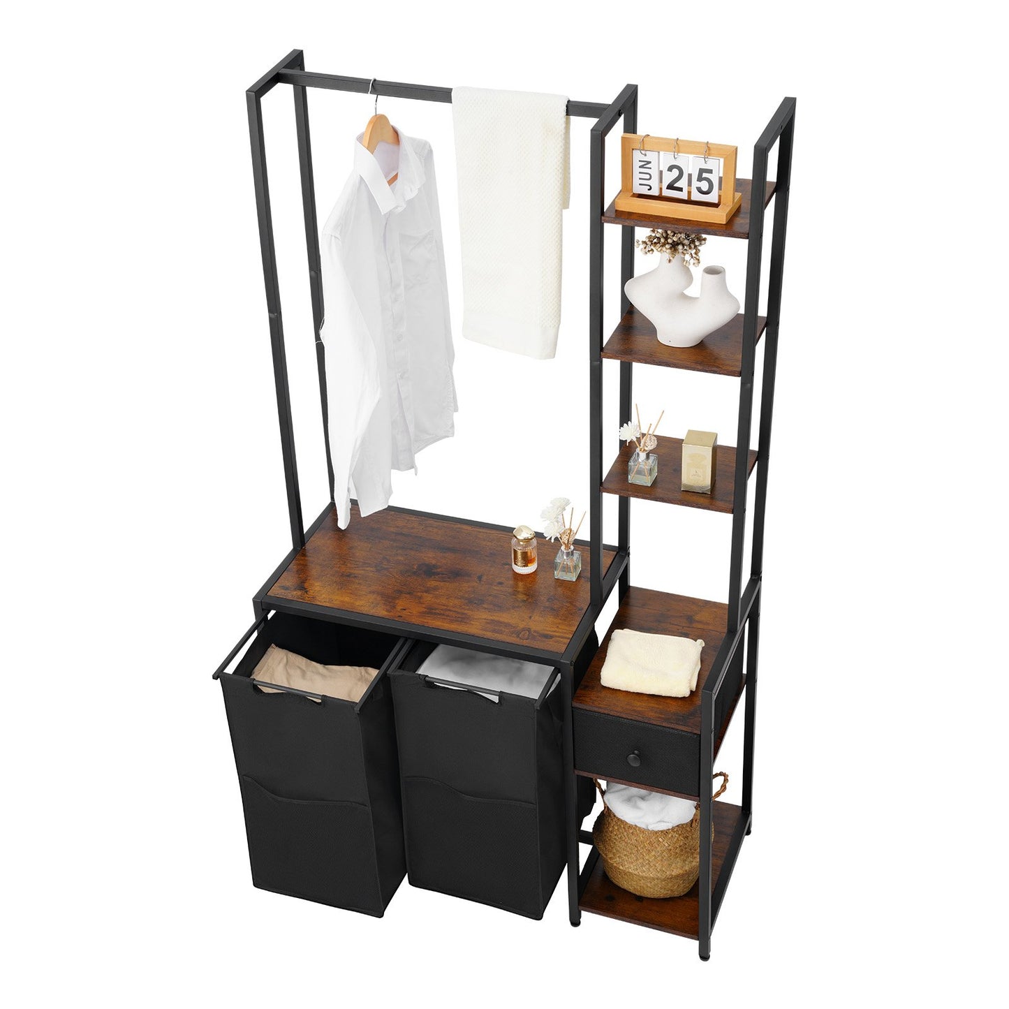 3 Tiers Laundry Sorter with Rack, Tall Laundry Hamper with Shelves and Drawers, 2 Section Freestanding Hanging Rack Storage with 600D Oxford Cloth Bags and Ladder Shelves for Dirty Clothes