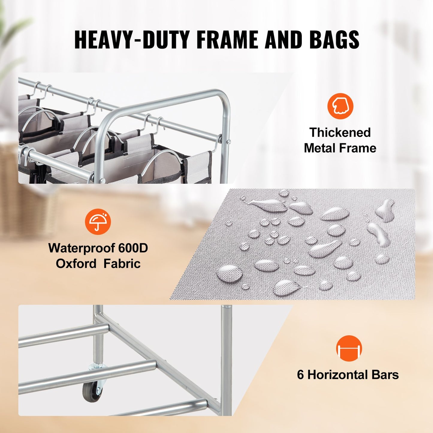 Wäschesortierwagen mit 4 Fächern, Wäschekorb mit robusten feststellbaren Rädern und 4 abnehmbaren Taschen, rollender Wäschekorb zum Sortieren zur Aufbewahrung von Kleidung