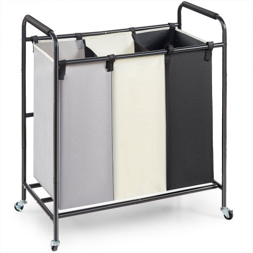 3-Section Laundry Basket, Heavy Duty Laundry Hamper Storage Organizer, Laundry Sorter Cart with Heavy Duty Lockable Wheels for Dirty Clothes in Laundry Room Bedroom