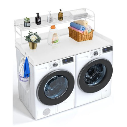 Washer Dryer Countertop with 2-Tier Shelf, 54" x 27" Wooden Washer and Dryer Countertop with Anti-Slip Pads, Water-Resistant Laundry Topper Cover for Laundry Room Organization and Storage, White