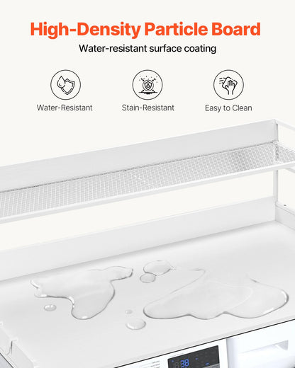 Washer Dryer Countertop with 2-Tier Shelf, 54" x 27" Wooden Washer and Dryer Countertop with Anti-Slip Pads, Water-Resistant Laundry Topper Cover for Laundry Room Organization and Storage, White