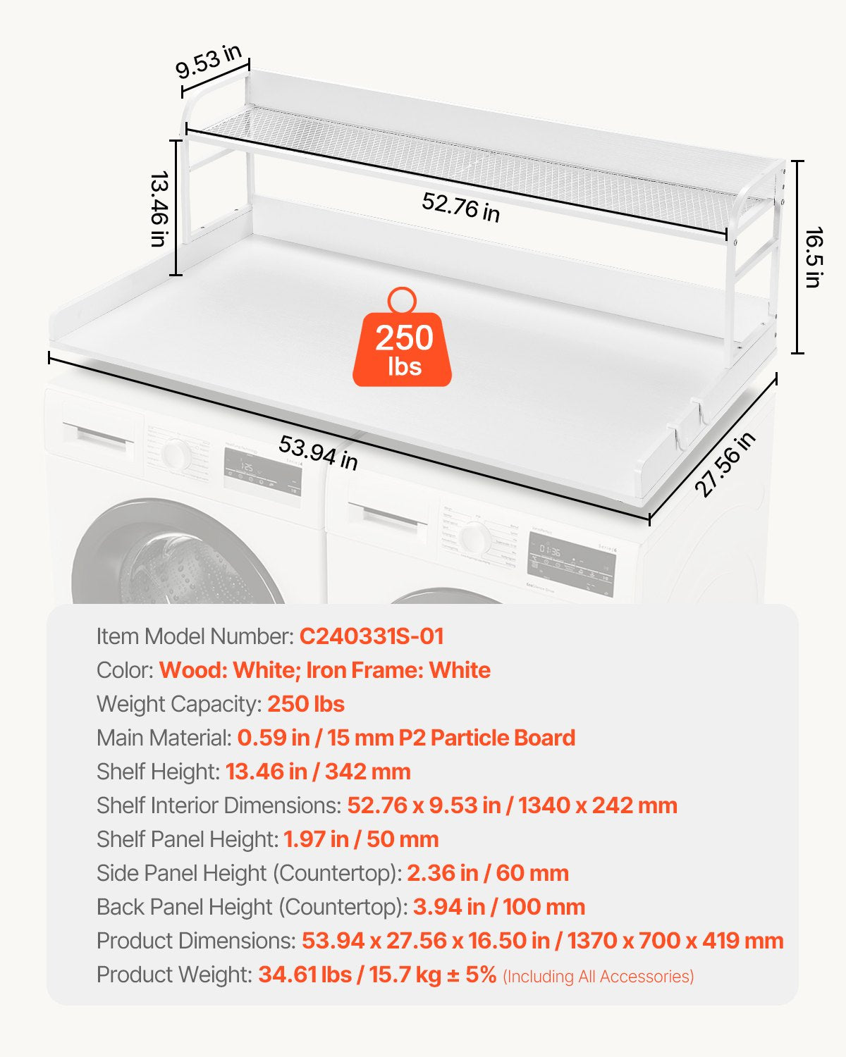Washer Dryer Countertop with 2-Tier Shelf, 54" x 27" Wooden Washer and Dryer Countertop with Anti-Slip Pads, Water-Resistant Laundry Topper Cover for Laundry Room Organization and Storage, White