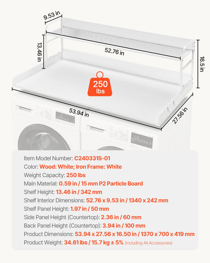 Washer Dryer Countertop with 2-Tier Shelf, 54" x 27" Wooden Washer and Dryer Countertop with Anti-Slip Pads, Water-Resistant Laundry Topper Cover for Laundry Room Organization and Storage, White