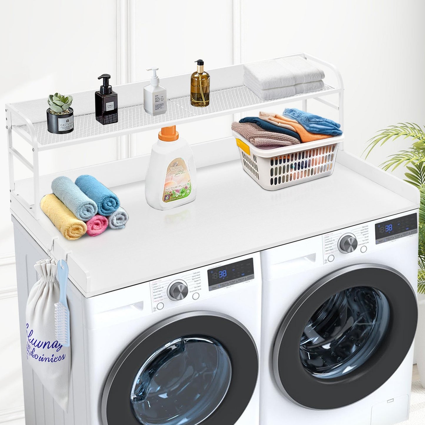 Washer Dryer Countertop with 2-Tier Shelf, 54" x 27" Wooden Washer and Dryer Countertop with Anti-Slip Pads, Water-Resistant Laundry Topper Cover for Laundry Room Organization and Storage, White
