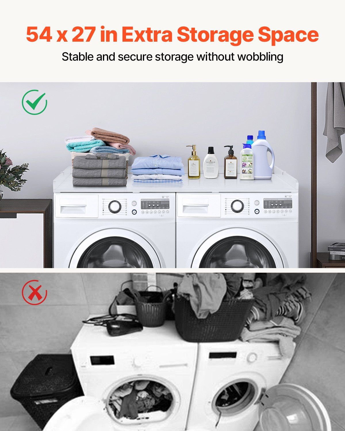 Washer Dryer Countertop, 54" x 27" Wooden Washer and Dryer Countertop, Water-Resistant Laundry Machine Topper Cover with Anti-Slip Pads, for Laundry Room Organization and Storage, White