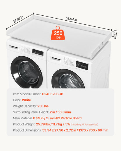 Washer Dryer Countertop, 54" x 27" Wooden Washer and Dryer Countertop, Water-Resistant Laundry Machine Topper Cover with Anti-Slip Pads, for Laundry Room Organization and Storage, White
