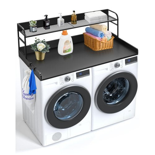 Washer Dryer Countertop with 2-Tier Shelf, 54" x 27" Wooden Washer and Dryer Countertop with Anti-Slip Pads, Water-Resistant Laundry Topper Cover for Laundry Room Organization and Storage, Black