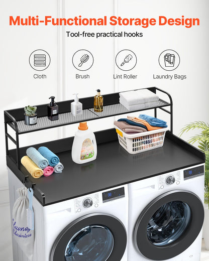 Washer Dryer Countertop with 2-Tier Shelf, 54" x 27" Wooden Washer and Dryer Countertop with Anti-Slip Pads, Water-Resistant Laundry Topper Cover for Laundry Room Organization and Storage, Black