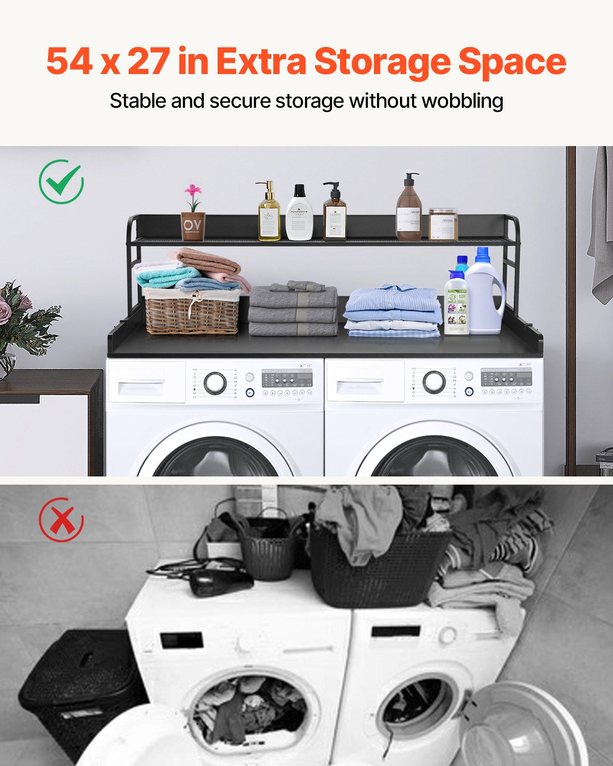 Washer Dryer Countertop with 2-Tier Shelf, 54" x 27" Wooden Washer and Dryer Countertop with Anti-Slip Pads, Water-Resistant Laundry Topper Cover for Laundry Room Organization and Storage, Black