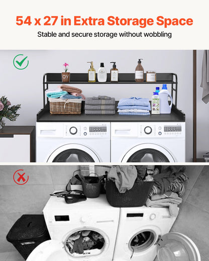 Washer Dryer Countertop with 2-Tier Shelf, 54" x 27" Wooden Washer and Dryer Countertop with Anti-Slip Pads, Water-Resistant Laundry Topper Cover for Laundry Room Organization and Storage, Black
